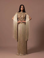 Luxury Gold Scallop Beaded High Neck Dress with Tassel Sleeves LA73748B
