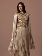 Luxury Gold Scallop Beaded High Neck Dress with Tassel Sleeves LA73748B