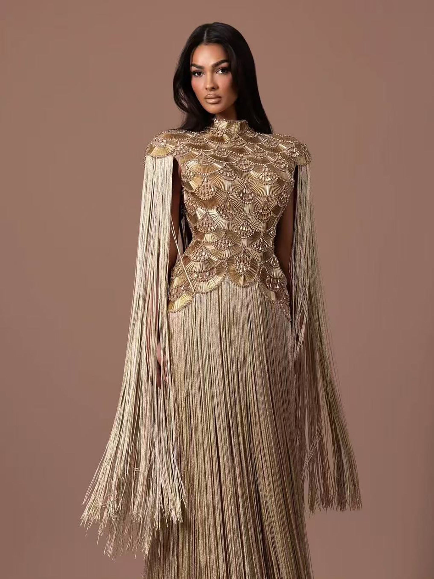 Luxury Gold Scallop Beaded High Neck Dress with Tassel Sleeves LA73748B