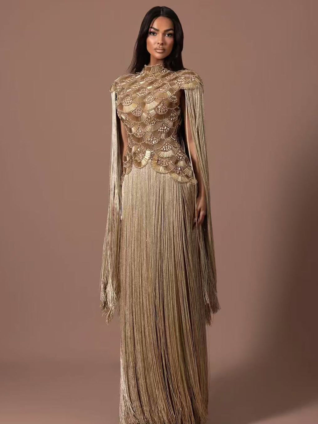 Luxury Gold Scallop Beaded High Neck Dress with Tassel Sleeves LA73748B