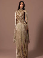 Luxury Gold Scallop Beaded High Neck Dress with Tassel Sleeves LA73748B