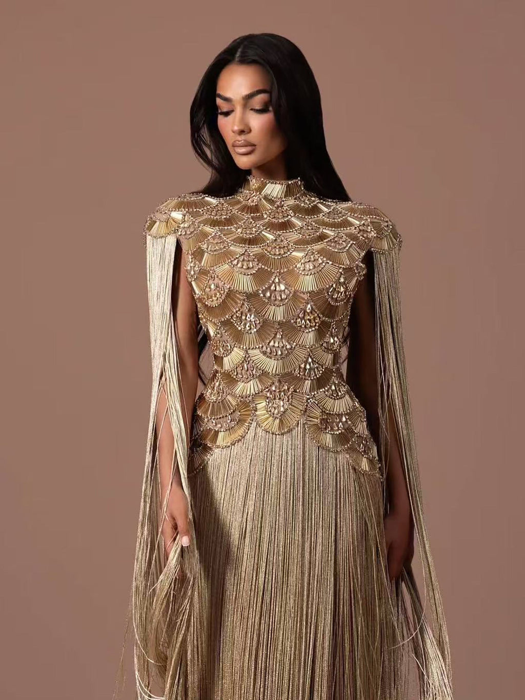 Luxury Gold Scallop Beaded High Neck Dress with Tassel Sleeves LA73748B