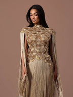 Luxury Gold Scallop Beaded High Neck Dress with Tassel Sleeves LA73748B
