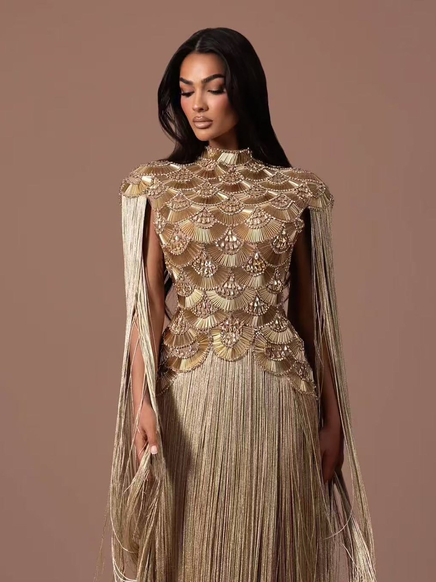 Luxury Gold Scallop Beaded High Neck Dress with Tassel Sleeves LA73748B