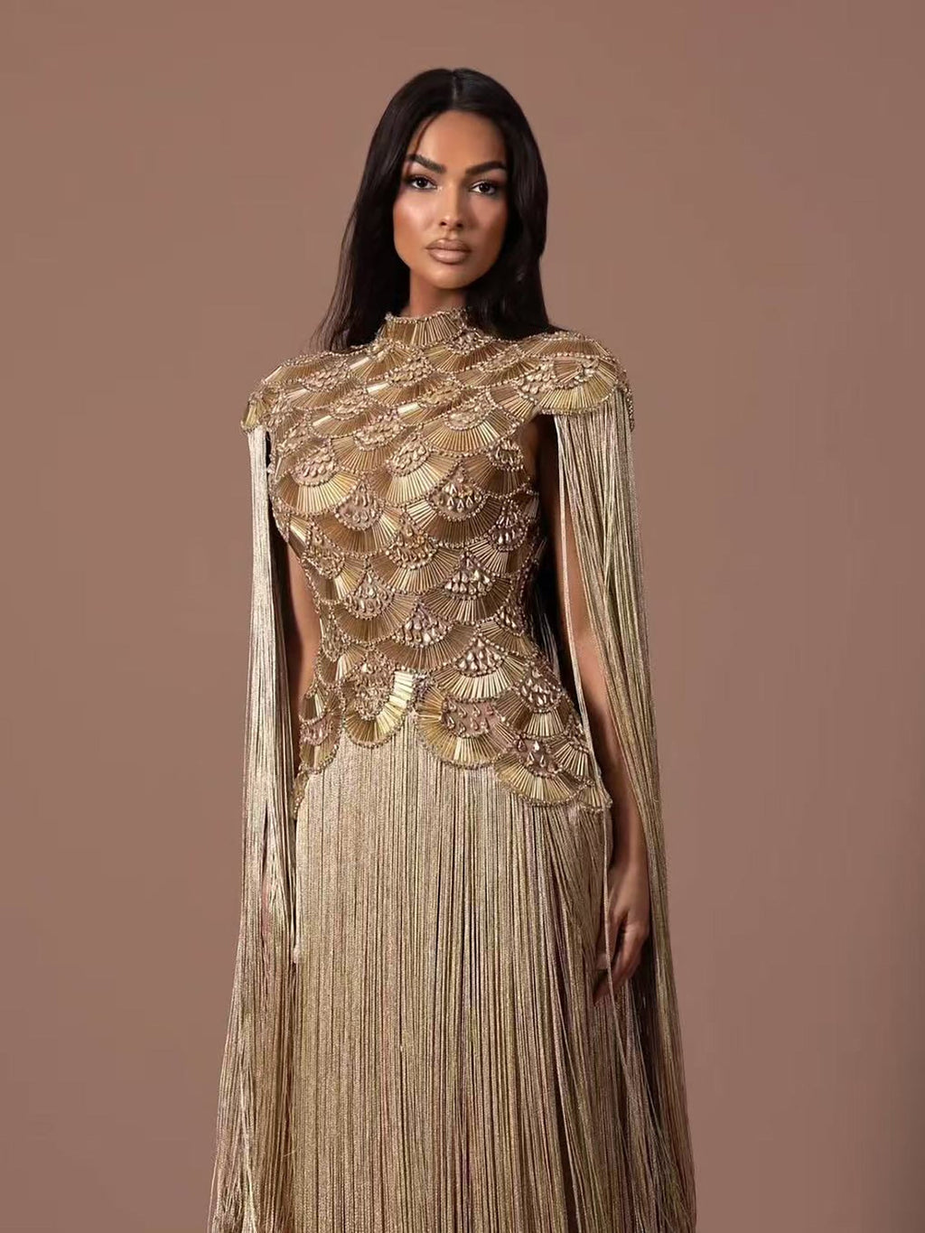 Luxury Gold Scallop Beaded High Neck Dress with Tassel Sleeves LA73748B