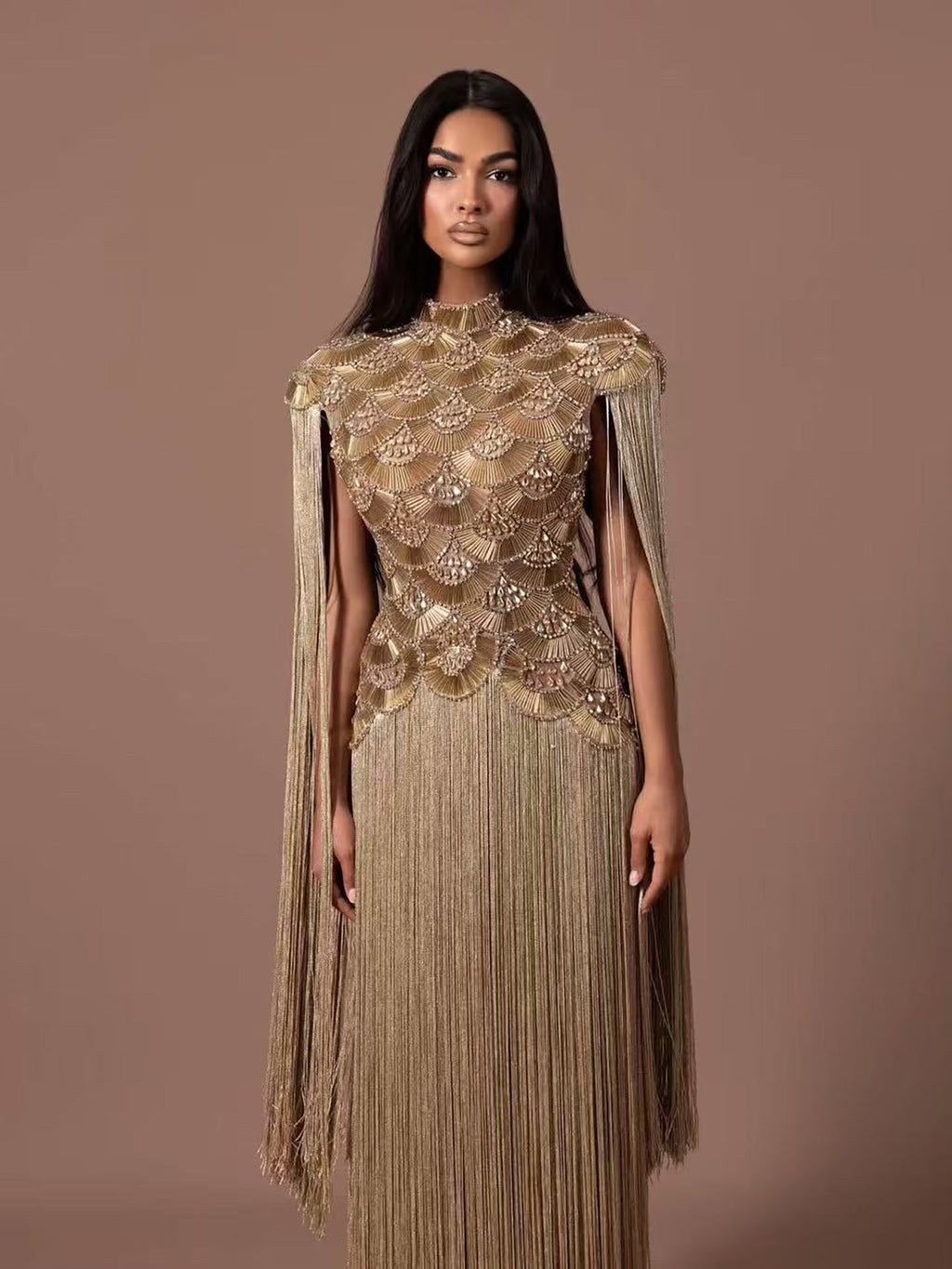 Luxury Gold Scallop Beaded High Neck Dress with Tassel Sleeves LA73748B