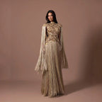 Luxury Gold Scallop Beaded High Neck Dress with Tassel Sleeves LA73748B