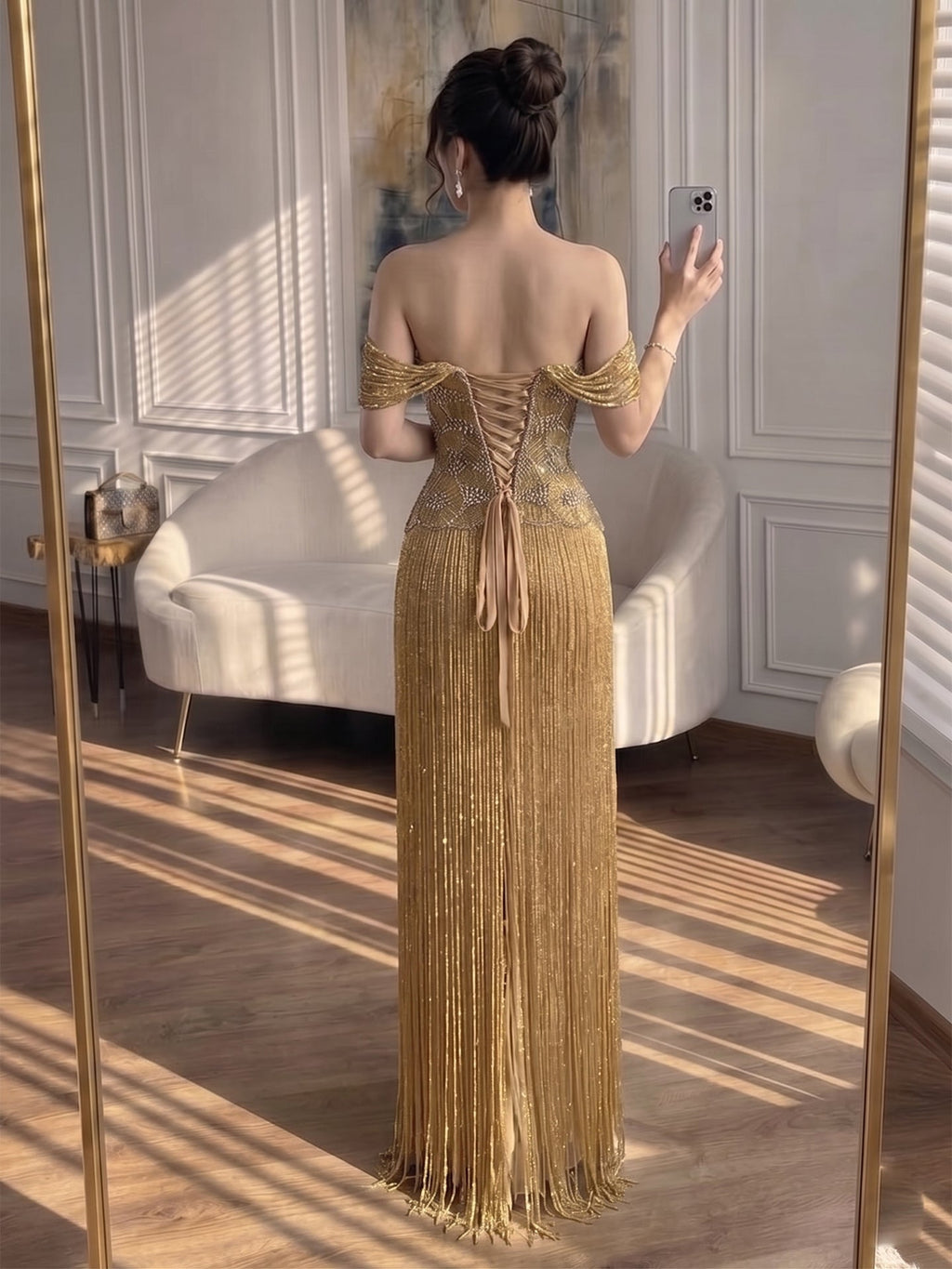 Luxury Gold Off Shoulder Sweetheart Beaded Fringe Dress LA73748C