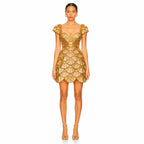 Luxury Gold Sweetheart Scalloped Crystal Beaded Mini Dress LA73748E