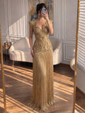 Luxury Gold Sweetheart Scalloped Beaded Fringe Long Dress LA73748F