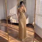 Luxury Gold Sweetheart Scalloped Beaded Fringe Long Dress LA73748F