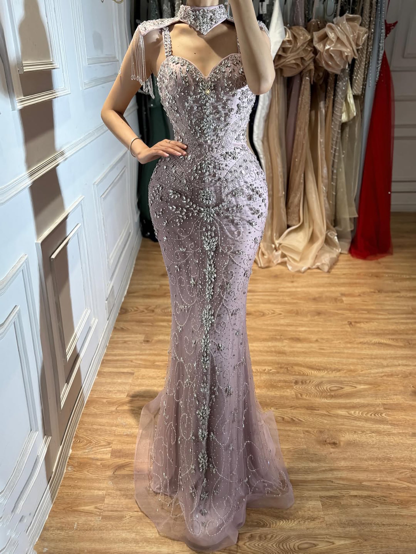 Luxury Nude Crystal Beaded Tassel Mermaid Evening Dress LA73751