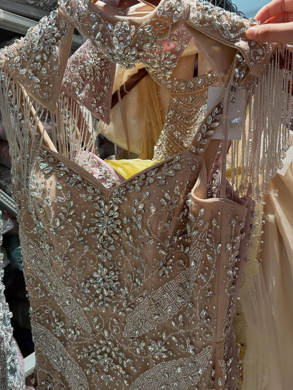 Luxury Nude Crystal Beaded Tassel Mermaid Evening Dress LA73751