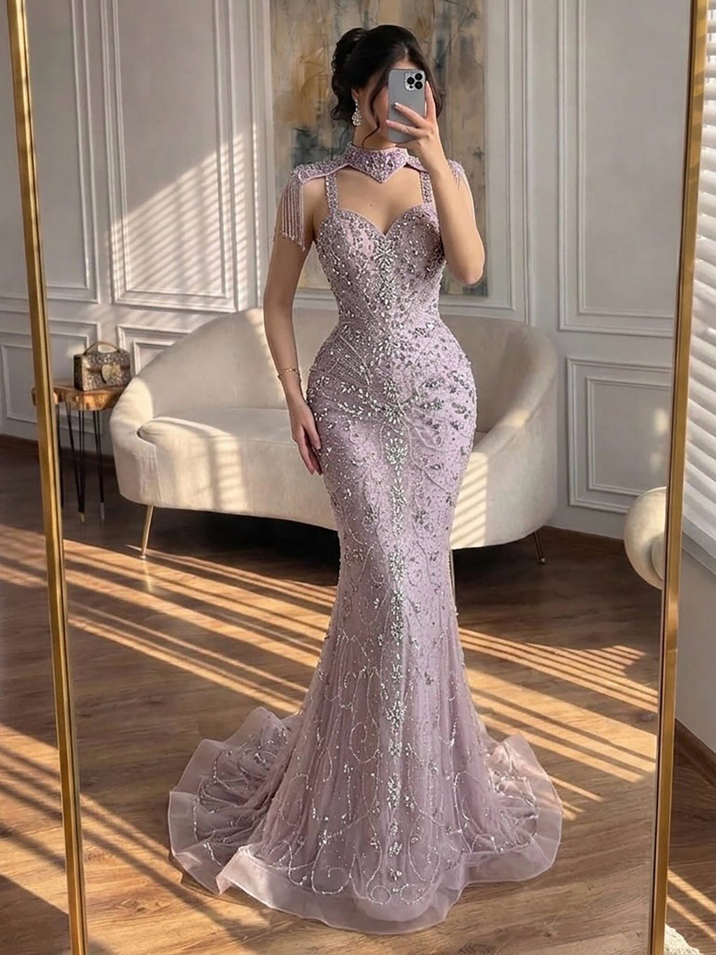 Luxury Nude Crystal Beaded Tassel Mermaid Evening Dress LA73751