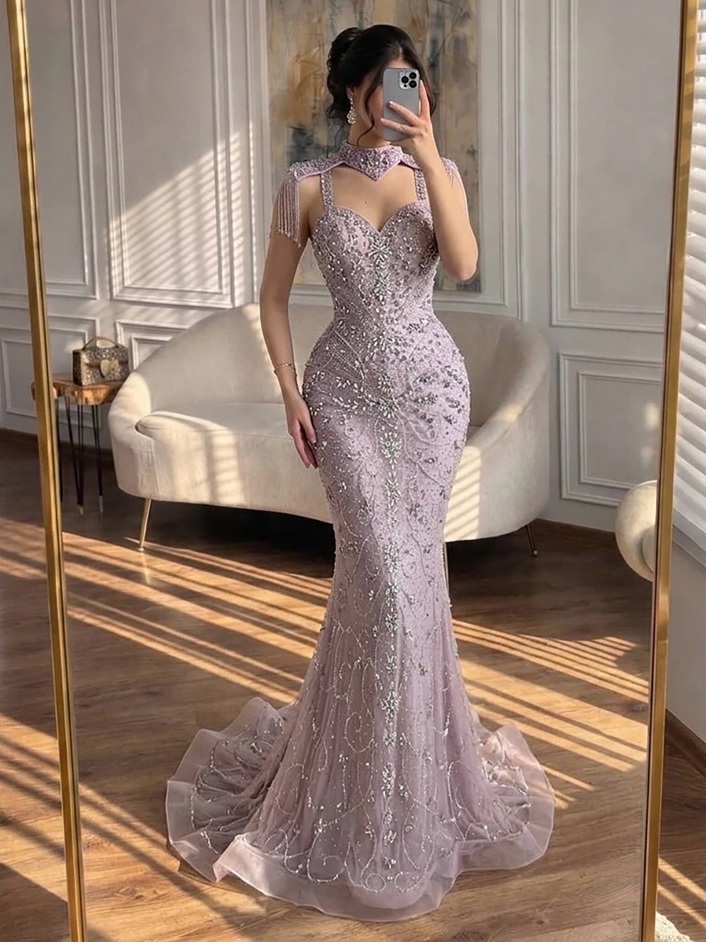 Luxury Nude Crystal Beaded Tassel Mermaid Evening Dress LA73751