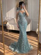 Luxury Nude Crystal Beaded Tassel Mermaid Evening Dress LA73751