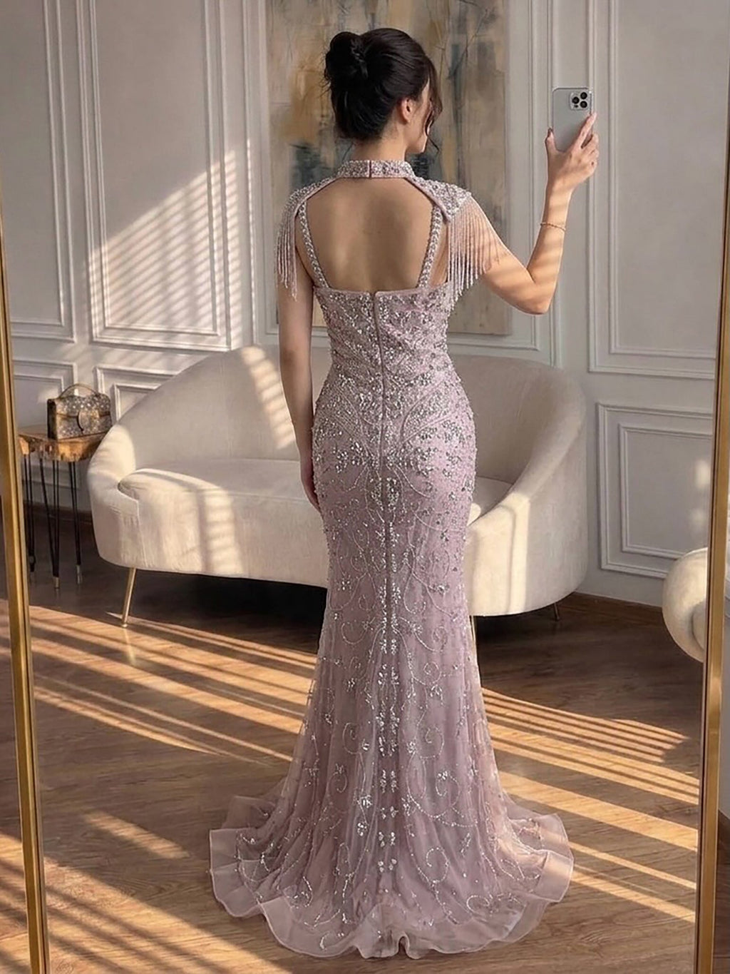 Luxury Nude Crystal Beaded Tassel Mermaid Evening Dress LA73751