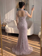 Luxury Nude Crystal Beaded Tassel Mermaid Evening Dress LA73751