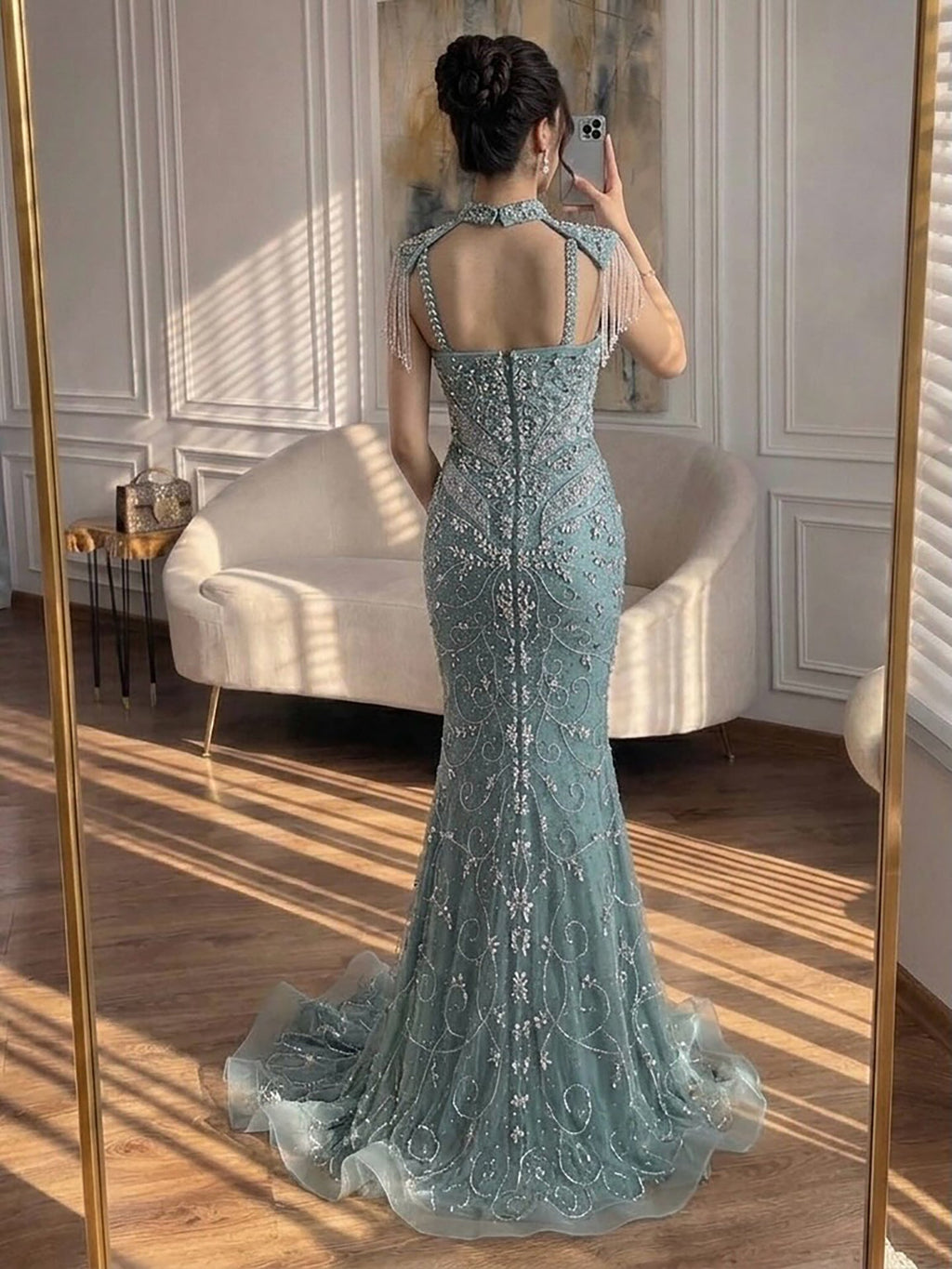 Luxury Nude Crystal Beaded Tassel Mermaid Evening Dress LA73751
