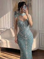 Luxury Nude Crystal Beaded Tassel Mermaid Evening Dress LA73751
