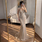Luxury Nude Crystal Beaded Tassel Mermaid Evening Dress LA73751