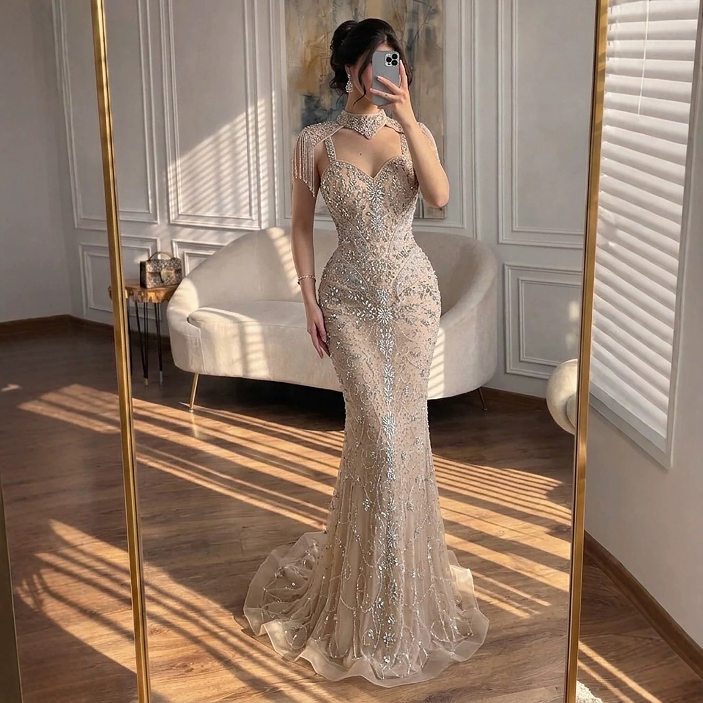 Luxury Nude Crystal Beaded Tassel Mermaid Evening Dress LA73751