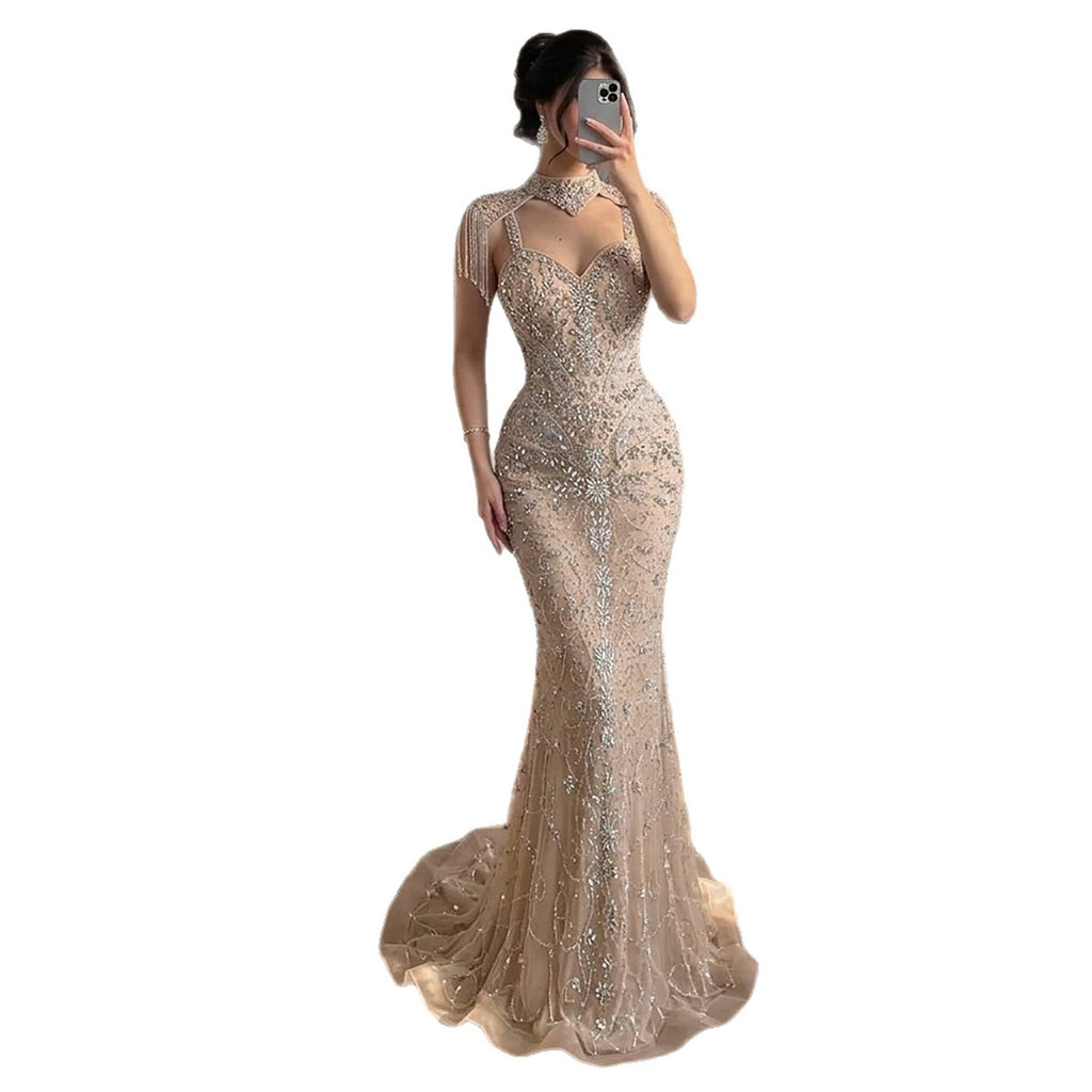 Luxury Nude Crystal Beaded Tassel Mermaid Evening Dress LA73751