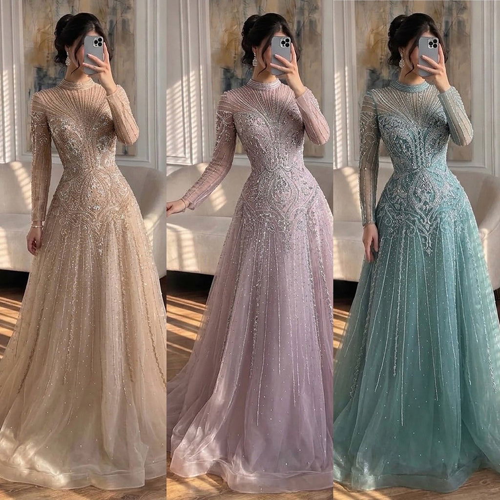 Luxury Turquoise Crystal Beaded Evening Dress CLA73752