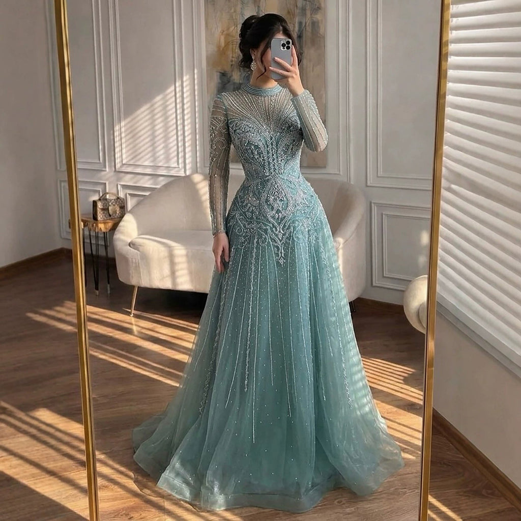 Luxury Turquoise Crystal Beaded Evening Dress LA73752