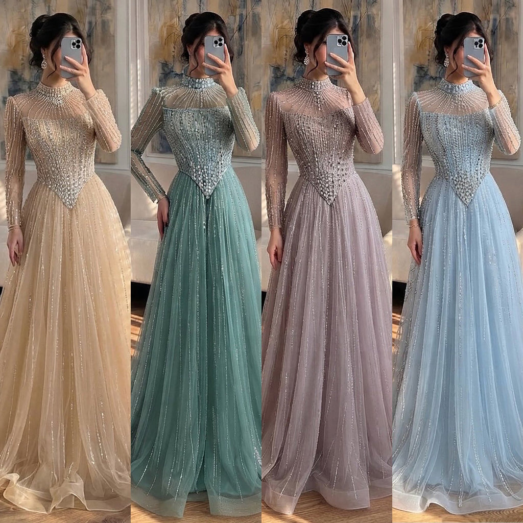 Luxury Nude Crystal Beaded A Line Evening Dress CLA73753