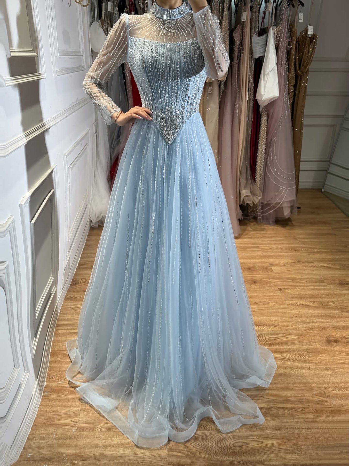 Luxury Nude Crystal Beaded A Line Evening Dress CLA73753