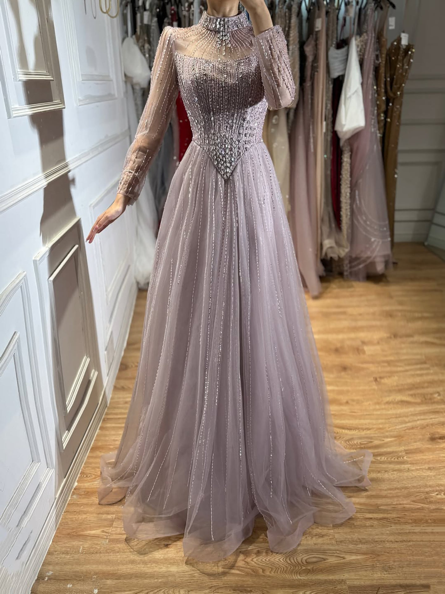 Luxury Nude Crystal Beaded A Line Evening Dress CLA73753