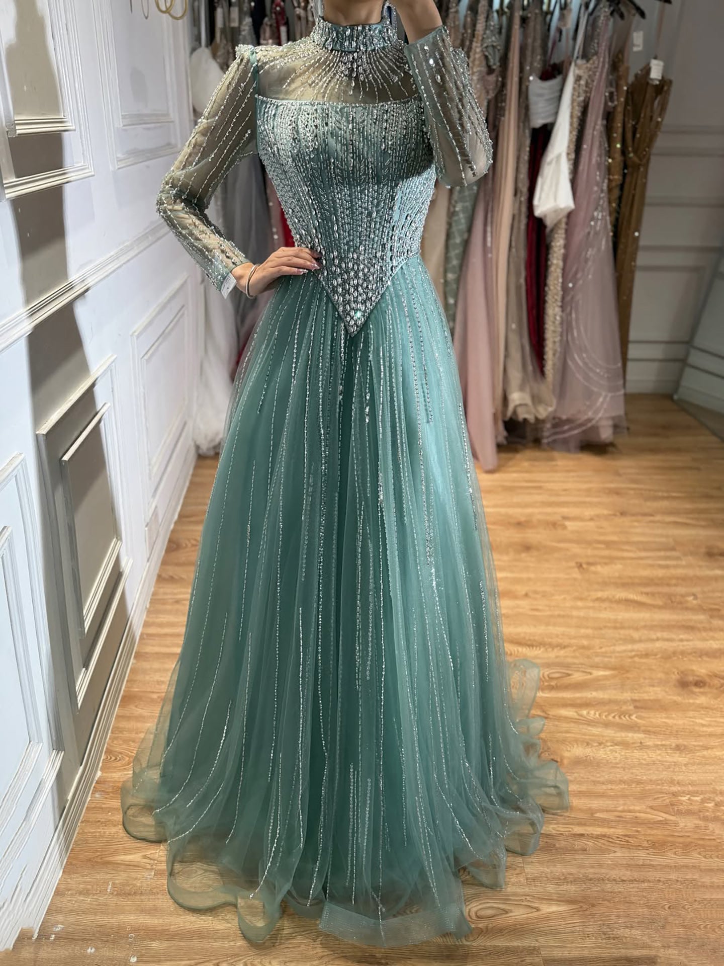 Luxury Nude Crystal Beaded A Line Evening Dress CLA73753