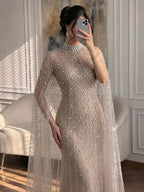 Luxury Caramel Crystal Beaded Cape Sleeves A Line Dress LA73755