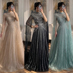 Luxury Caramel Crystal Beaded Cape Sleeves A-Line Dress LA73756