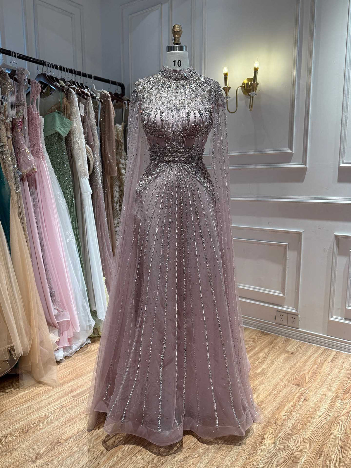 Luxury Caramel Crystal Beaded Cape Sleeves A-Line Dress CLA73756