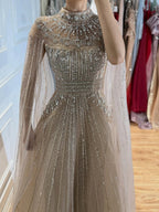 Luxury Caramel Crystal Beaded Cape Sleeves A-Line Dress LA73756