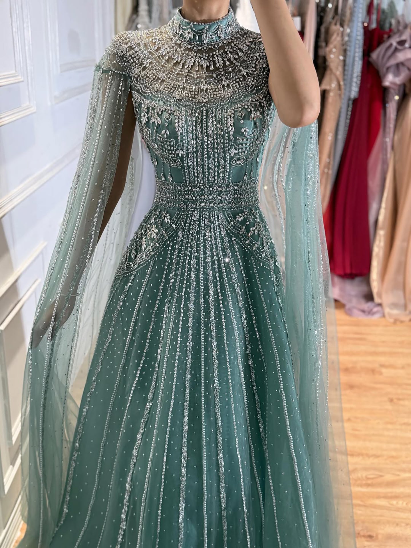 Luxury Caramel Crystal Beaded Cape Sleeves A-Line Dress LA73756