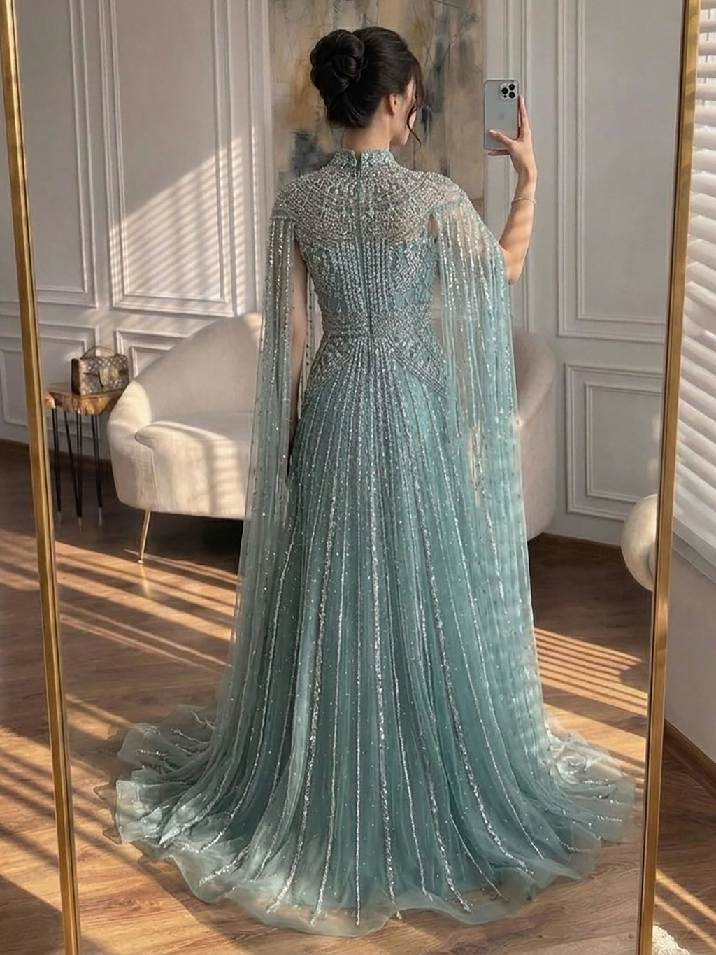 Luxury Caramel Crystal Beaded Cape Sleeves A-Line Dress LA73756
