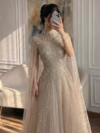 Luxury Caramel Crystal Beaded Cape Sleeves A-Line Dress LA73756