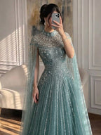 Luxury Caramel Crystal Beaded Cape Sleeves A-Line Dress LA73756