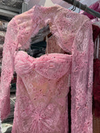 Luxury Pink Lace Long Sleeve High Neck Mermaid Evening Dress LA73757