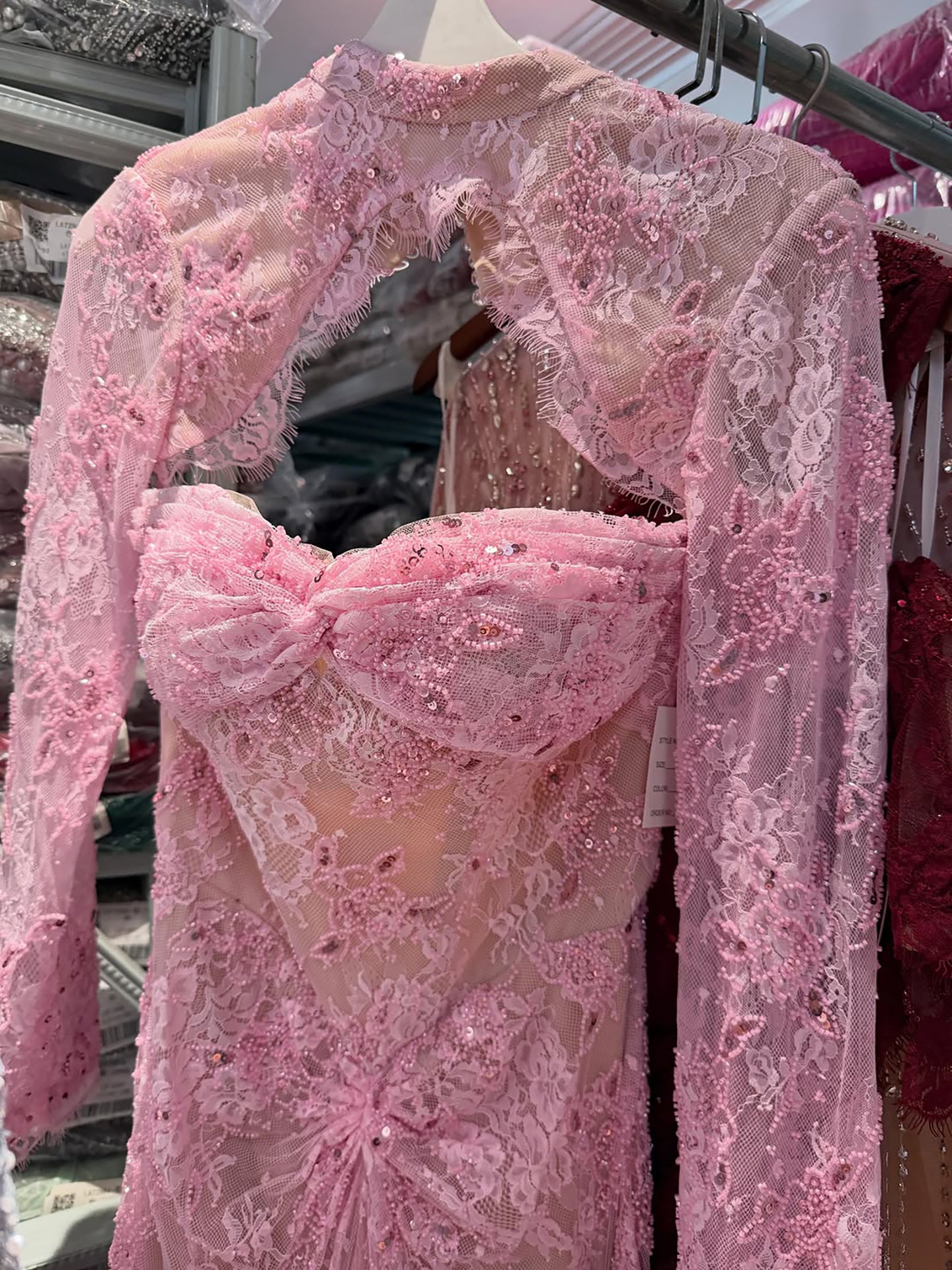 Luxury Pink Lace Long Sleeve High Neck Mermaid Evening Dress LA73757
