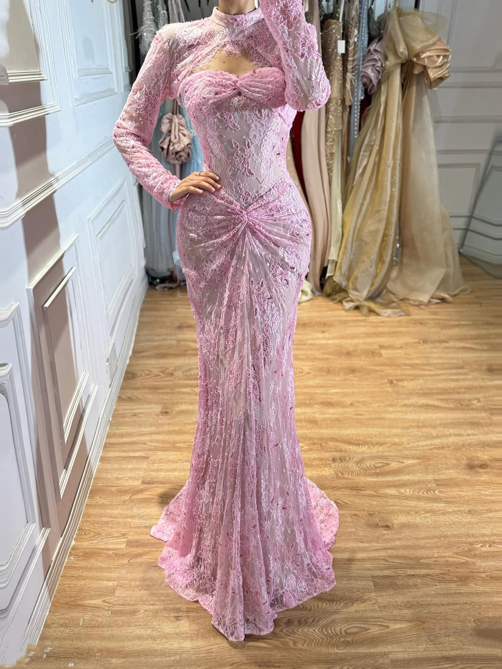 Luxury Pink Lace Long Sleeve High Neck Mermaid Evening Dress LA73757