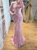 Luxury Pink Lace Long Sleeve High Neck Mermaid Evening Dress LA73757