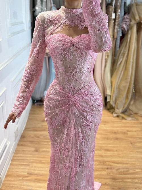 Arabic Simple Style Lace Long Sleeves Mermaid Evening Dress CLA73757