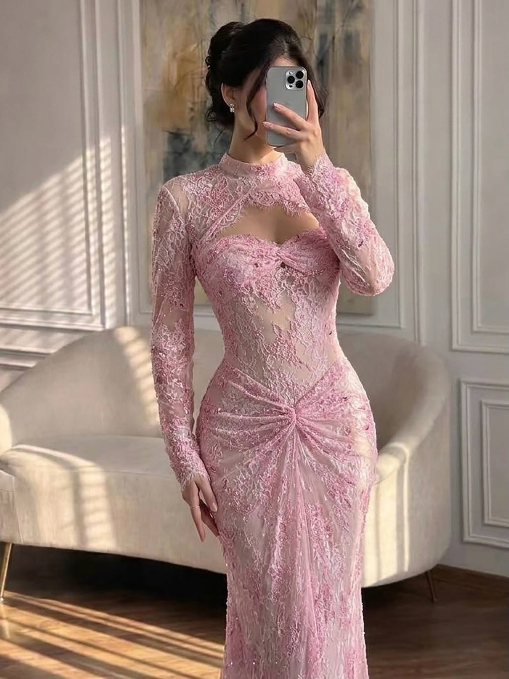 Luxury Pink Lace Long Sleeve High Neck Mermaid Evening Dress LA73757