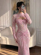 Luxury Pink Lace Long Sleeve High Neck Mermaid Evening Dress LA73757