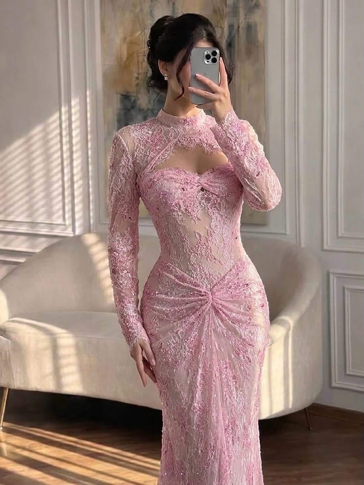 Luxury Pink Lace Long Sleeve High Neck Mermaid Evening Dress LA73757