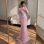 Luxury Pink Lace Long Sleeve High Neck Mermaid Evening Dress LA73757